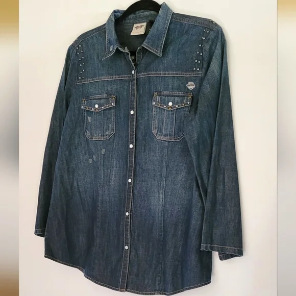 Harley Davidson Logo Embroidered Studded Denim Shirt Pearl Snap Roll Tab Sleeve - Picture 4 of 12